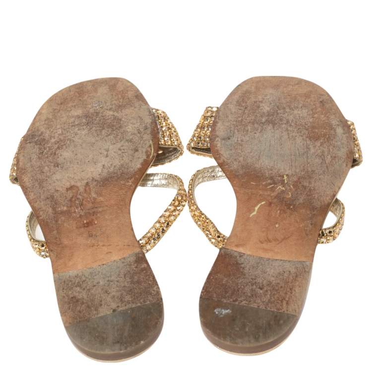 Pre Owned Gina Gold Leather Crystal Embellished Flat Loren Sandals Size 39