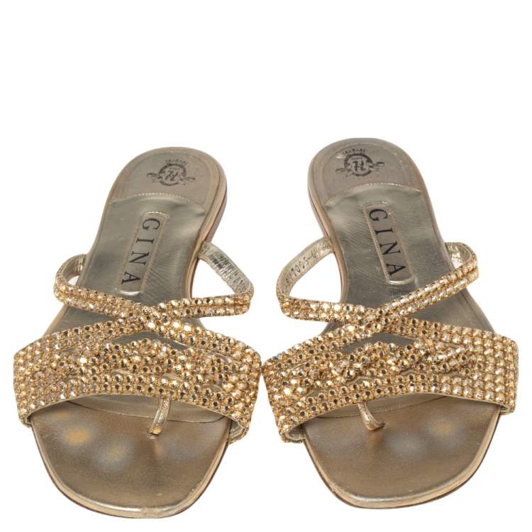 Pre Owned Gina Gold Leather Crystal Embellished Flat Loren Sandals Size 39