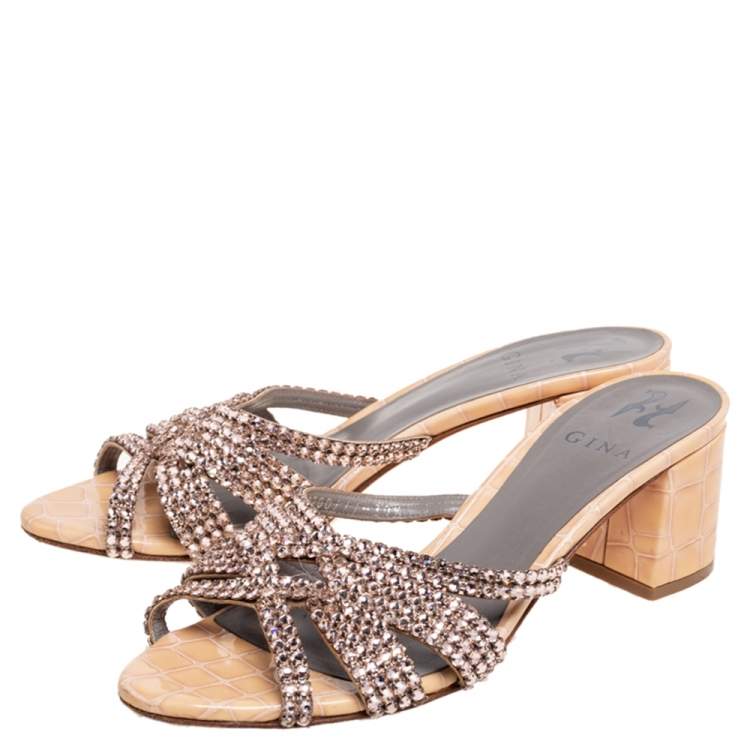 Pre Owned Gina Beige Crystal Embellished Croc Embossed Patent Leather Block Heel Slides Size 39.5