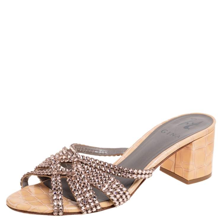 Pre Owned Gina Beige Crystal Embellished Croc Embossed Patent Leather Block Heel Slides Size 39.5