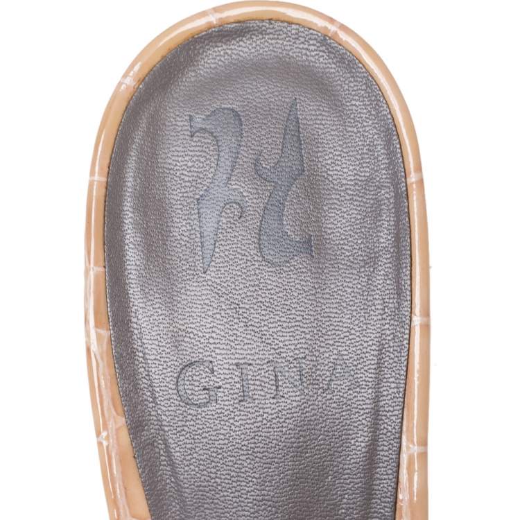 Pre Owned Gina Beige Crystal Embellished Croc Embossed Patent Leather Block Heel Slides Size 39.5