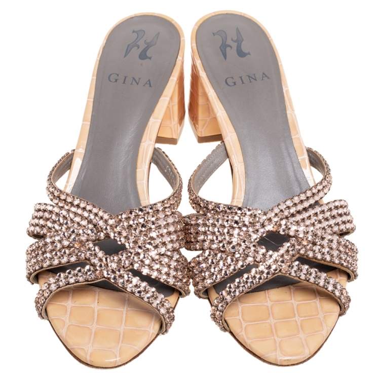 Pre Owned Gina Beige Crystal Embellished Croc Embossed Patent Leather Block Heel Slides Size 39.5
