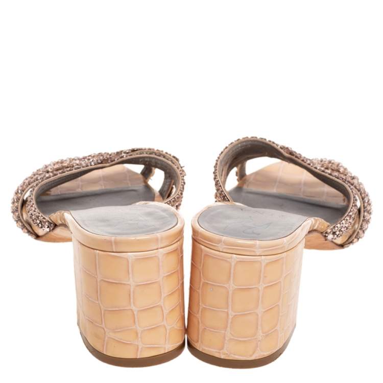 Pre Owned Gina Beige Crystal Embellished Croc Embossed Patent Leather Block Heel Slides Size 39.5