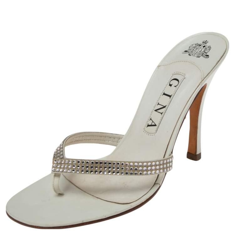 Pre Owned Gina White  Crystal Embellished Leather  Slide Sandals Size 38.5