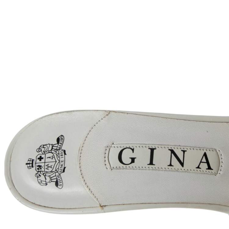 Pre Owned Gina White  Crystal Embellished Leather  Slide Sandals Size 38.5