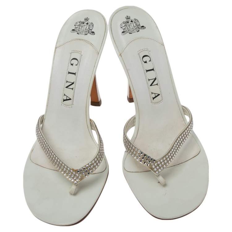 Pre Owned Gina White  Crystal Embellished Leather  Slide Sandals Size 38.5