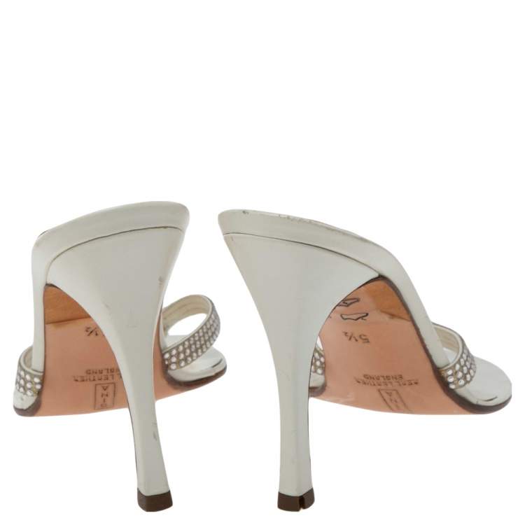 Pre Owned Gina White  Crystal Embellished Leather  Slide Sandals Size 38.5