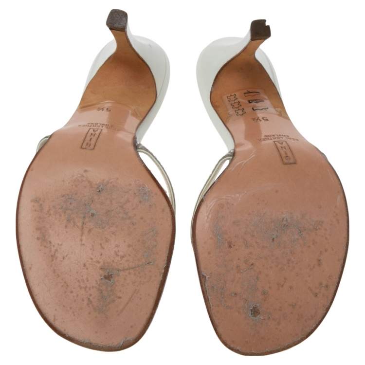 Pre Owned Gina White  Crystal Embellished Leather  Slide Sandals Size 38.5