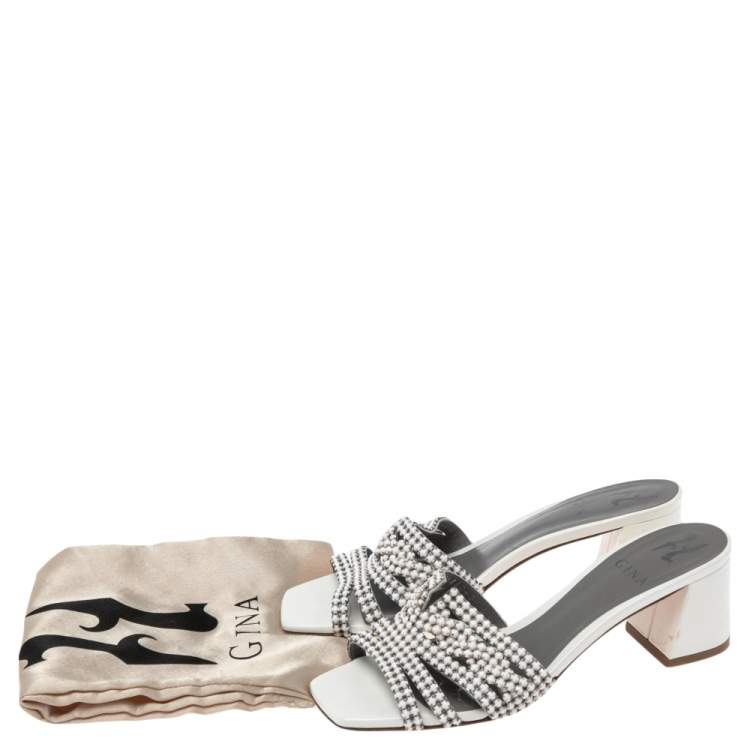 Pre Owned Gina White Crystal Embellished Leather Arizona Slide Sandals Size 37