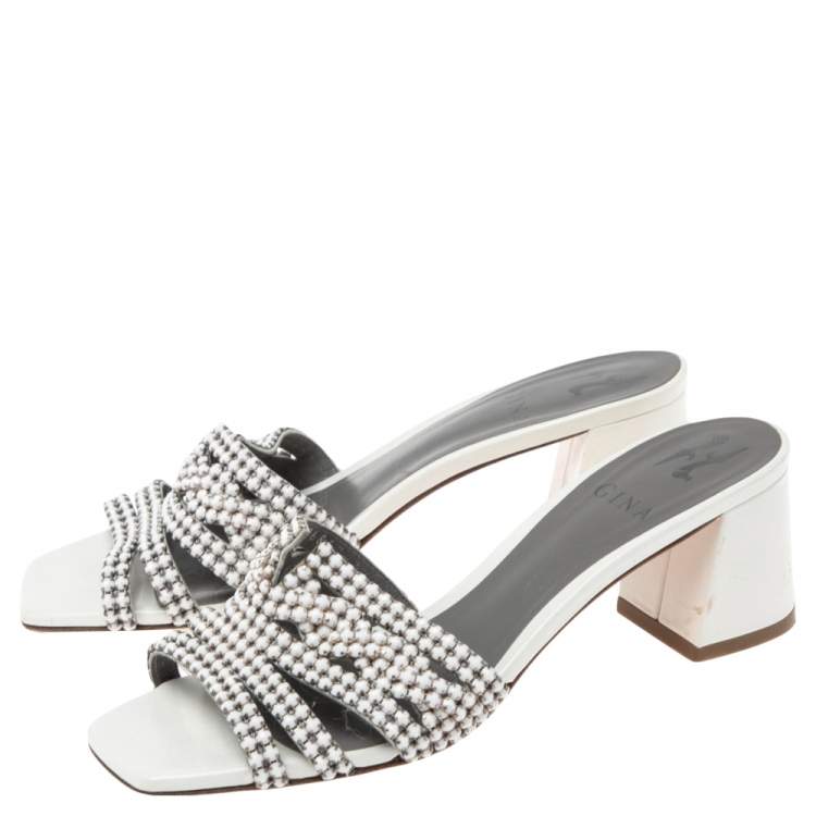Pre Owned Gina White Crystal Embellished Leather Arizona Slide Sandals Size 37