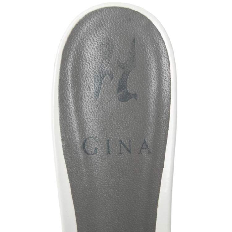 Pre Owned Gina White Crystal Embellished Leather Arizona Slide Sandals Size 37