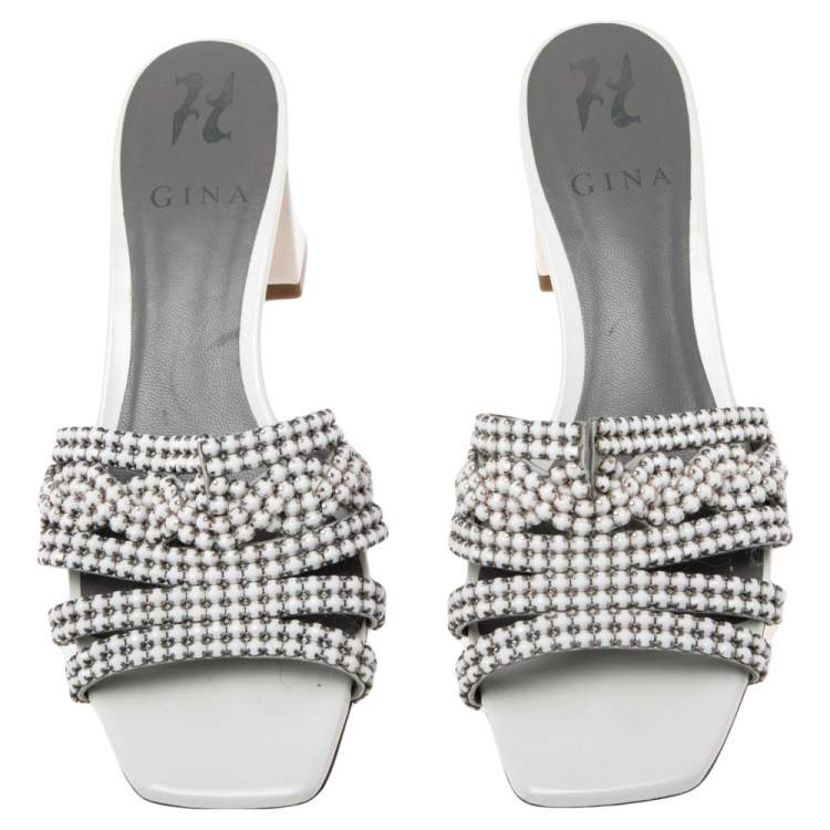 Pre Owned Gina White Crystal Embellished Leather Arizona Slide Sandals Size 37