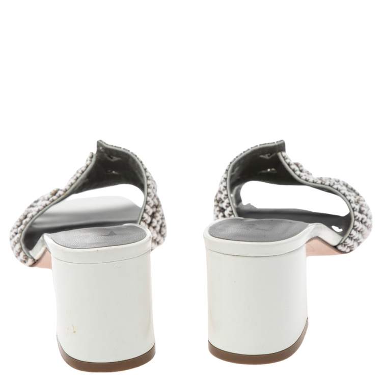 Pre Owned Gina White Crystal Embellished Leather Arizona Slide Sandals Size 37