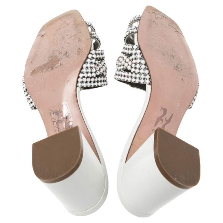 Pre Owned Gina White Crystal Embellished Leather Arizona Slide Sandals Size 37