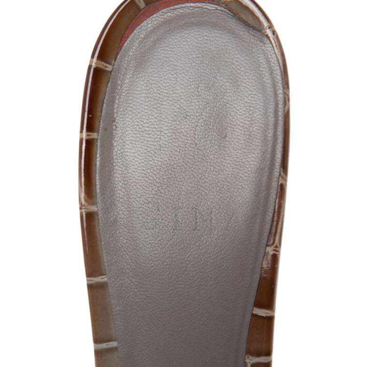 Pre Owned Gina Grey Crystal Embellished Leather Block Heel Slide Sandals Size 39.5