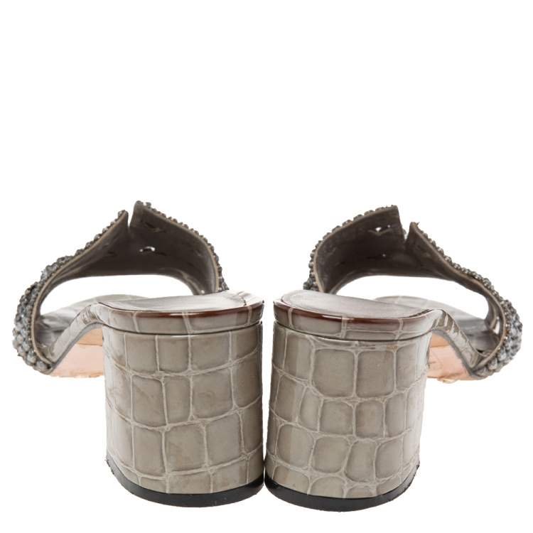 Pre Owned Gina Grey Crystal Embellished Leather Block Heel Slide Sandals Size 39.5