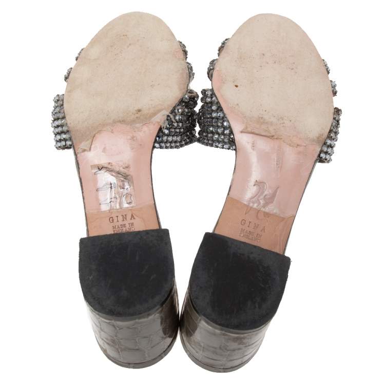Pre Owned Gina Grey Crystal Embellished Leather Block Heel Slide Sandals Size 39.5