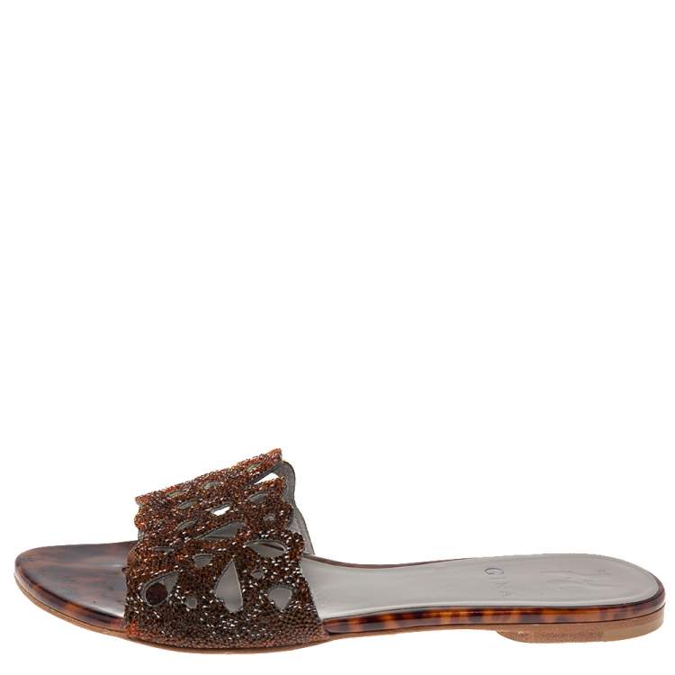 Pre Owned Gina Brown Crystal Embellished Patent Leather Flat Slides Size 38