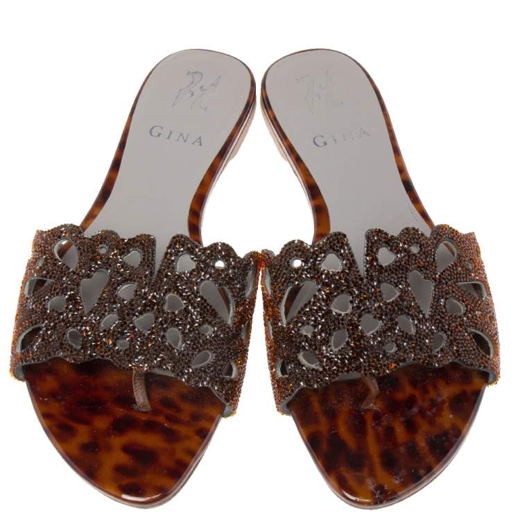 Pre Owned Gina Brown Crystal Embellished Patent Leather Flat Slides Size 38