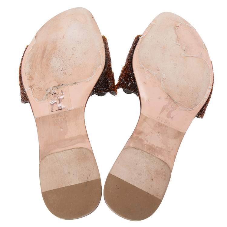 Pre Owned Gina Brown Crystal Embellished Patent Leather Flat Slides Size 38