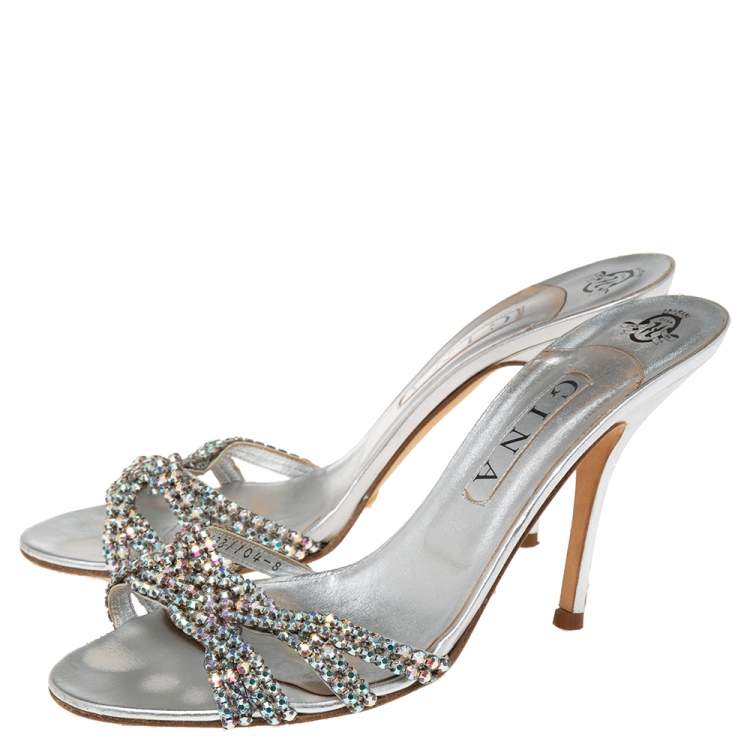 Pre Owned Gina Silver Leather Crystal Embellished Slide Sandals Size 41