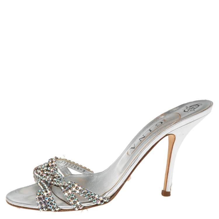 Pre Owned Gina Silver Leather Crystal Embellished Slide Sandals Size 41