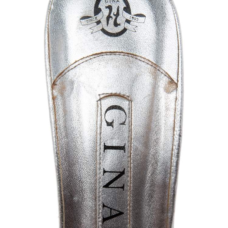 Pre Owned Gina Silver Leather Crystal Embellished Slide Sandals Size 41