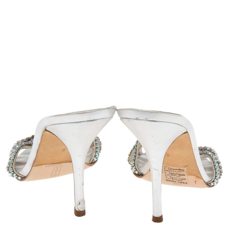 Pre Owned Gina Silver Leather Crystal Embellished Slide Sandals Size 41