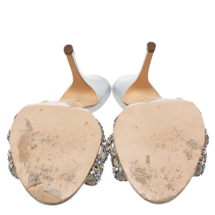 Pre Owned Gina Silver Leather Crystal Embellished Slide Sandals Size 41