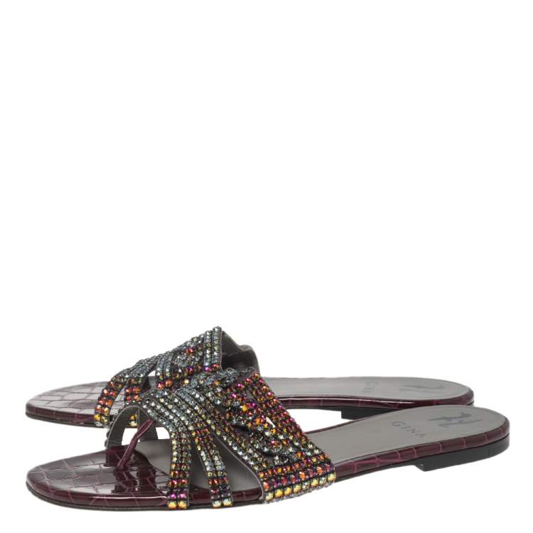 Pre Owned Gina Burgundy Crystal Embellished Croc Embossed Patent Leather Slide Flats Size 40