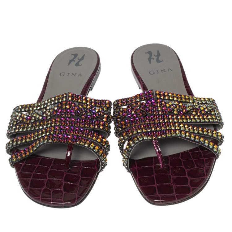 Pre Owned Gina Burgundy Crystal Embellished Croc Embossed Patent Leather Slide Flats Size 40