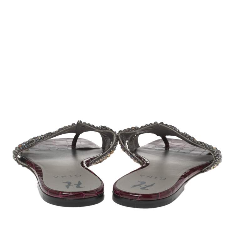 Pre Owned Gina Burgundy Crystal Embellished Croc Embossed Patent Leather Slide Flats Size 40