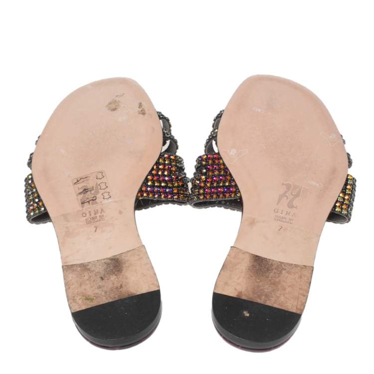 Pre Owned Gina Burgundy Crystal Embellished Croc Embossed Patent Leather Slide Flats Size 40