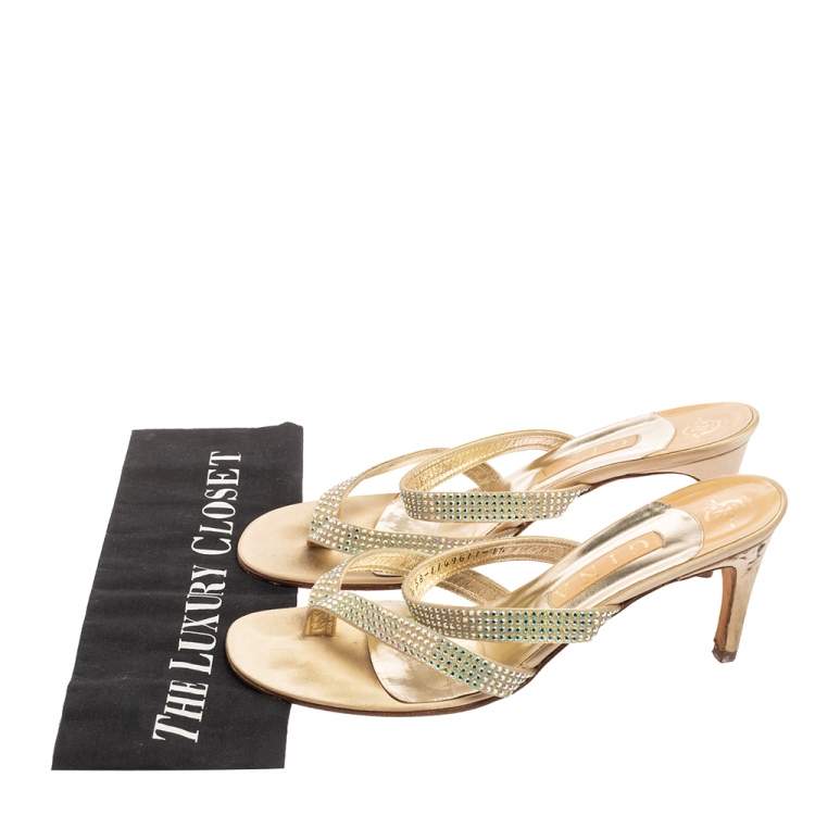 Pre Owned Gina Gold Crystal Embellished Leather Slide Sandals Size 40.5