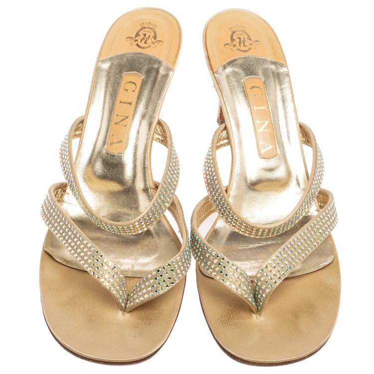 Pre Owned Gina Gold Crystal Embellished Leather Slide Sandals Size 40.5