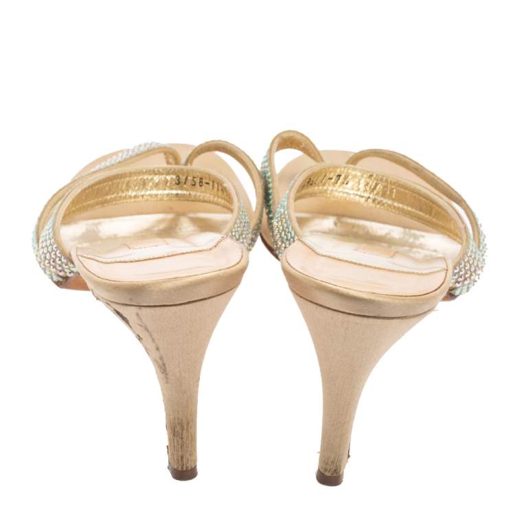 Pre Owned Gina Gold Crystal Embellished Leather Slide Sandals Size 40.5