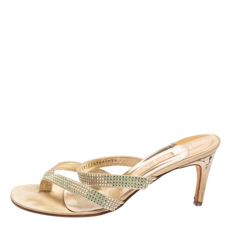 Pre Owned Gina Gold Crystal Embellished Leather Slide Sandals Size 40.5