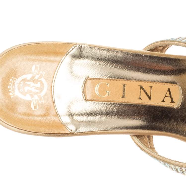 Pre Owned Gina Gold Crystal Embellished Leather Slide Sandals Size 40.5