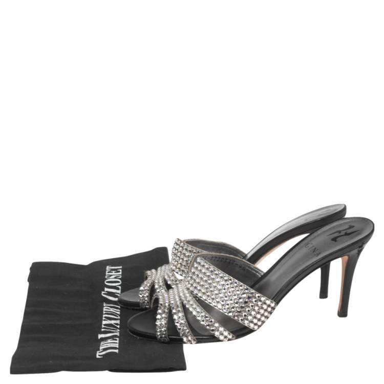 Pre Owned Gina Silver Crystal Embellished Leather Slides Sandals Size 37.5