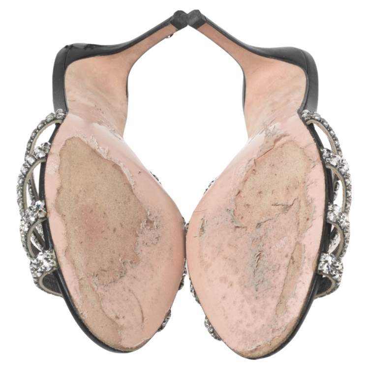 Pre Owned Gina Silver Crystal Embellished Leather Slides Sandals Size 37.5