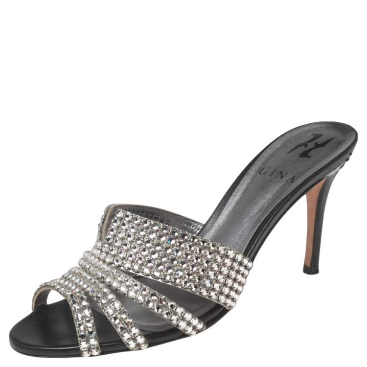 Pre Owned Gina Silver Crystal Embellished Leather Slides Sandals Size 37.5
