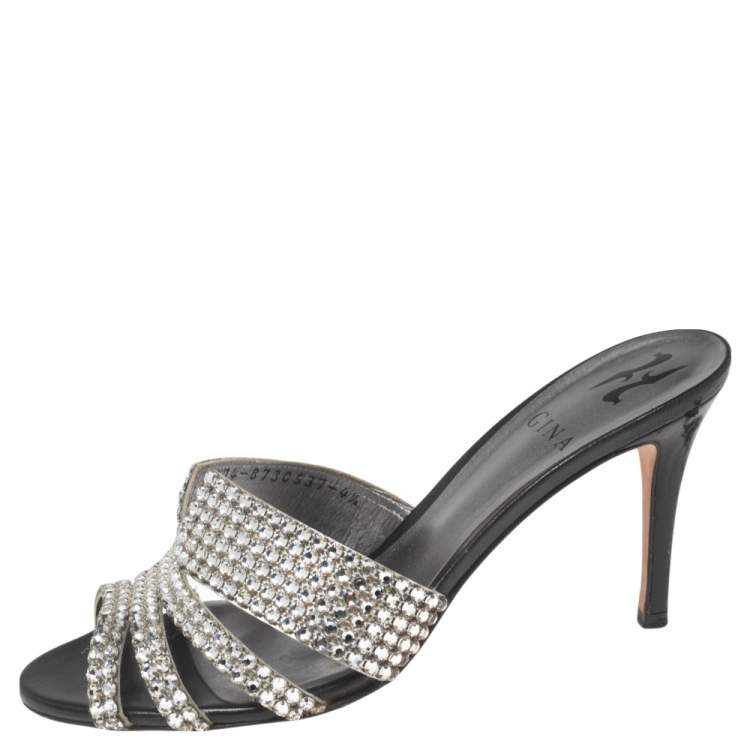 Pre Owned Gina Silver Crystal Embellished Leather Slides Sandals Size 37.5