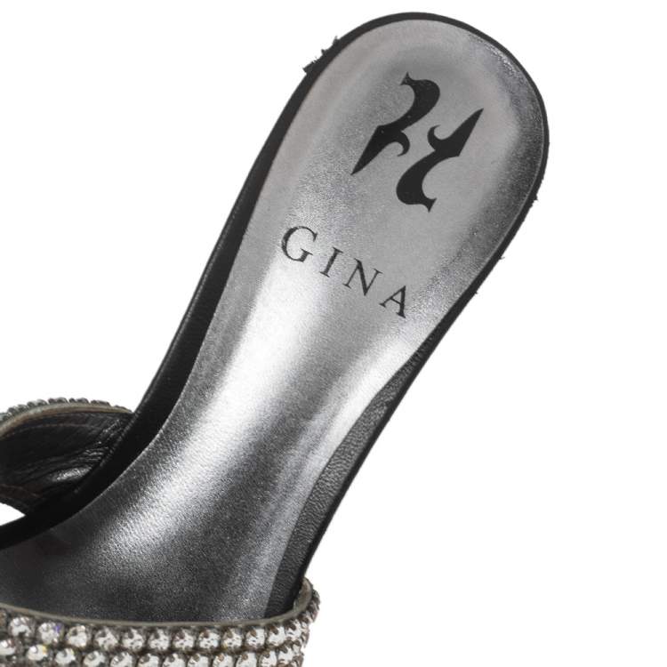 Pre Owned Gina Silver Crystal Embellished Leather Slides Sandals Size 37.5