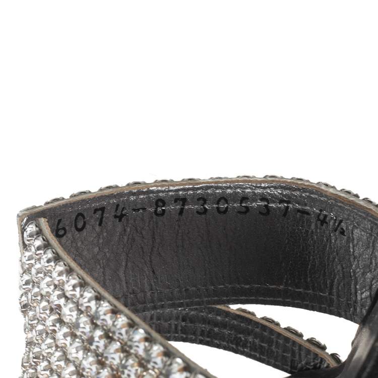 Pre Owned Gina Silver Crystal Embellished Leather Slides Sandals Size 37.5