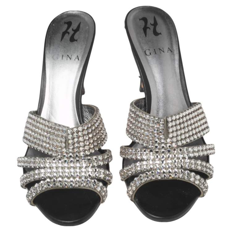 Pre Owned Gina Silver Crystal Embellished Leather Slides Sandals Size 37.5