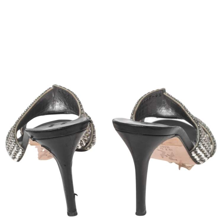 Pre Owned Gina Silver Crystal Embellished Leather Slides Sandals Size 37.5