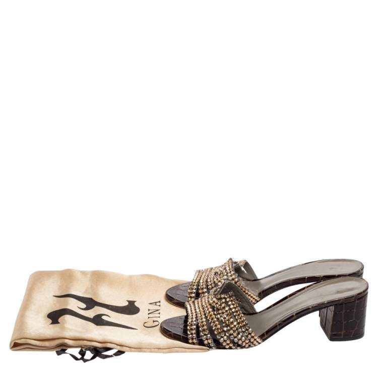 Pre Owned Gina Loren Brown Croc Embossed Patent Leather Slide Sandals Size 38