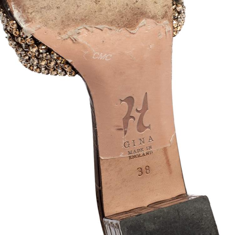 Pre Owned Gina Loren Brown Croc Embossed Patent Leather Slide Sandals Size 38