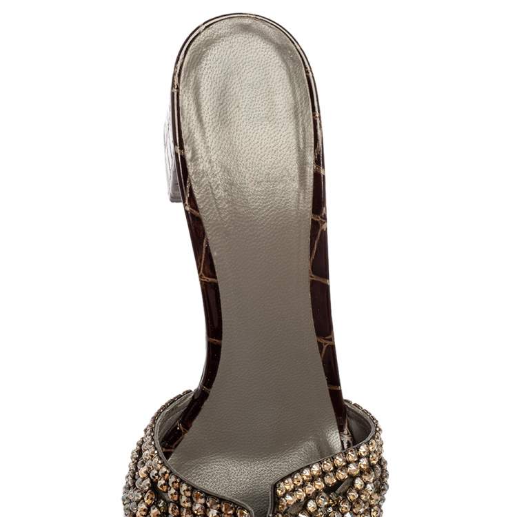 Pre Owned Gina Loren Brown Croc Embossed Patent Leather Slide Sandals Size 38