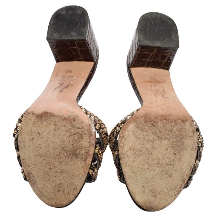 Pre Owned Gina Loren Brown Croc Embossed Patent Leather Slide Sandals Size 38